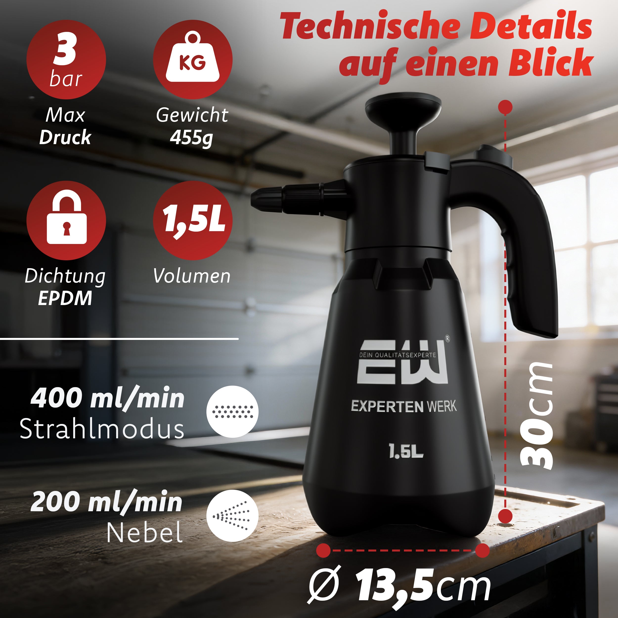 Premium Drucksprüher 1,5L – Säurebeständig für Autopflege, Felgenreiniger & Detailer